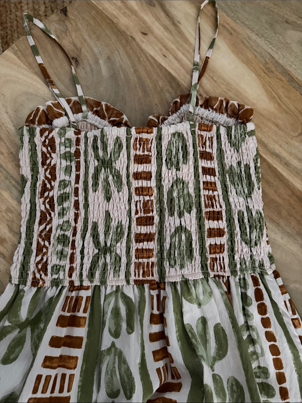 Dress Forum Printed Smocked Maxi Dress in Cream, Olive & Rust - Picture 5 of 10